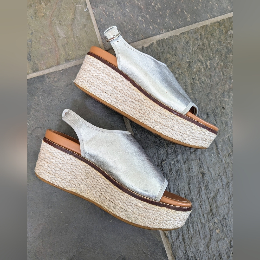 Fitflop Eloise Wedges Sandals Silver Mixed Metallic Back Strap women's 37 6.5